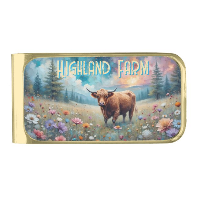 Highland Cow Colorful Meadow *personalize* Gold Finish Money Clip (Front)