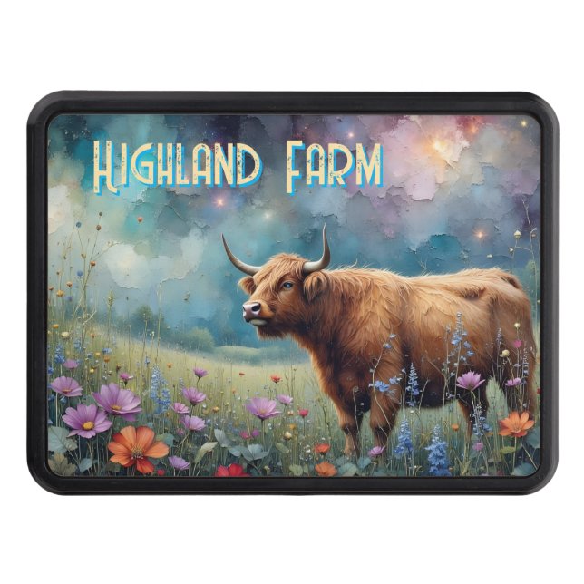 Highland Cow Colorful Meadow *personalize* Hitch Cover (Front)