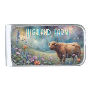 Highland Cow Colorful Meadow *personalize* Silver Finish Money Clip