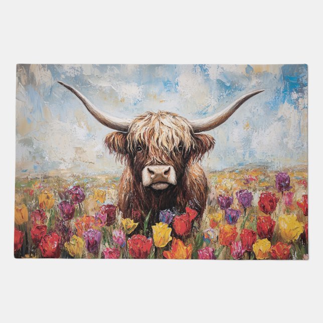 Highland Cow Colorful Tulips Painting Doormat (Front)