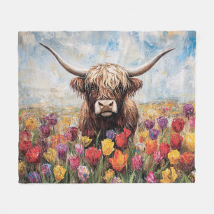 Highland Cow Colorful Tulips Painting Fleece Blanket