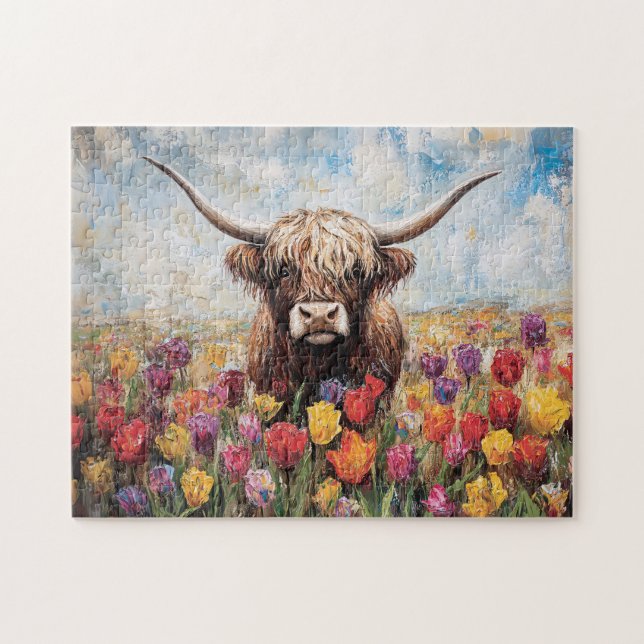Highland Cow Colorful Tulips Painting Jigsaw Puzzle (Horizontal)