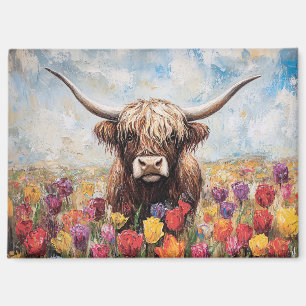 Highland Cow Colorful Tulips Painting Magnet