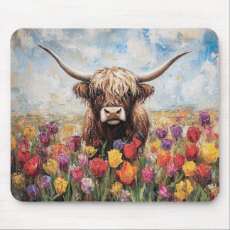 Highland Cow Colorful Tulips Painting Mouse Pad
