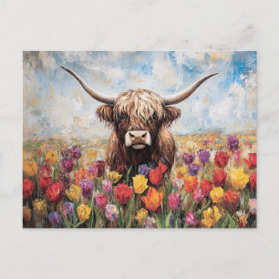 Highland Cow Colorful Tulips Painting Postcard