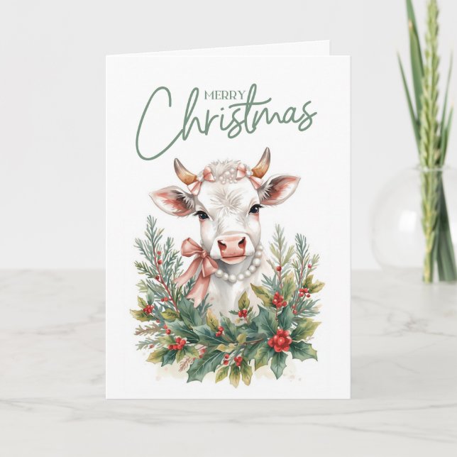 Highland Cow Coquette Christmas  Holiday Card (Front)