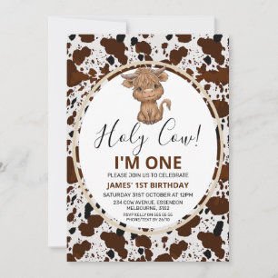 Highland Cow Cow Print  1st Birthday Invitation