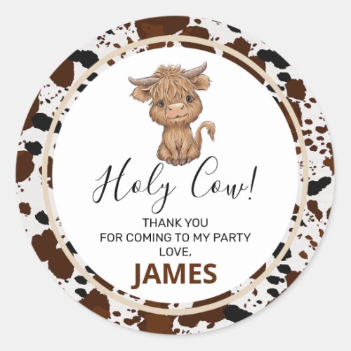 Highland Cow Cow Print Birthday  Classic Round Sticker