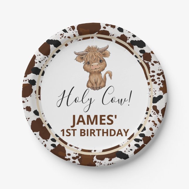 Highland Cow Cow Print Birthday Party Paper Plates (Front)