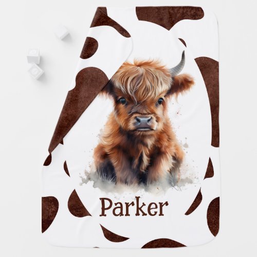 Highland cow cow print watercolor baby blanket