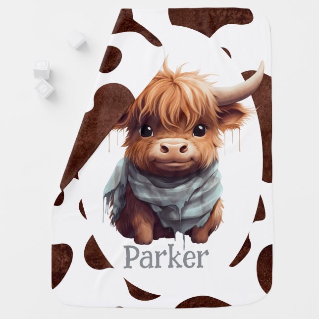 Highland cow cow print watercolor baby blanket (In Situ)
