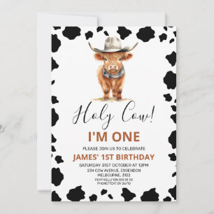 Highland Cow Cowboy Hat Cow Print 1st Birthday Invitation