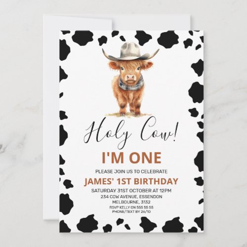 Highland Cow Cowboy Hat Cow Print 1st Birthday Invitation
