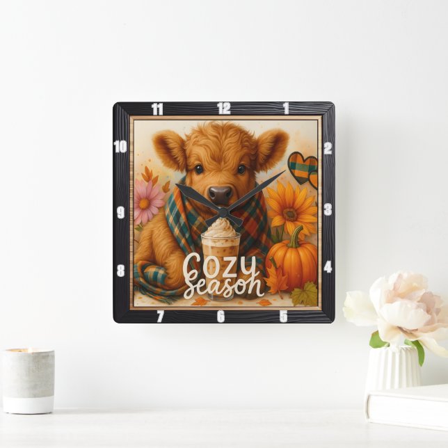Highland Cow Cozy Season Square Wall Clock (Home)