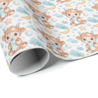 Highland Cow Cute Baby Watercolor Pattern Wrapping Paper