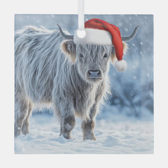 Highland Cow Cute in Snow Santa Hat Glass Ornament (Front)