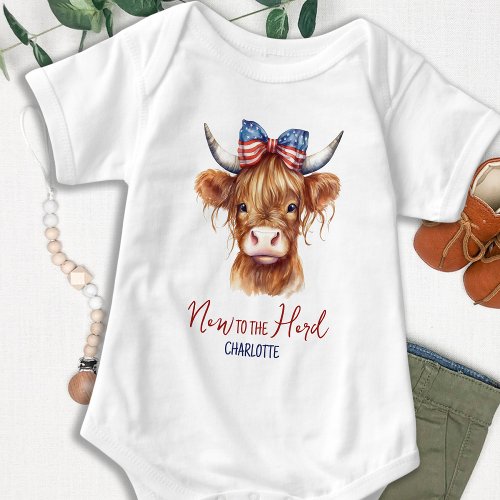 Highland Cow Cute Patriotic New To The Herd  Baby Bodysuit
