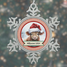 Highland Cow Cute Santa Hat Gingham Christmas Name