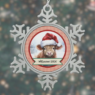 Highland Cow Cute Santa Hat Gingham Christmas Name Snowflake Pewter Christmas Ornament