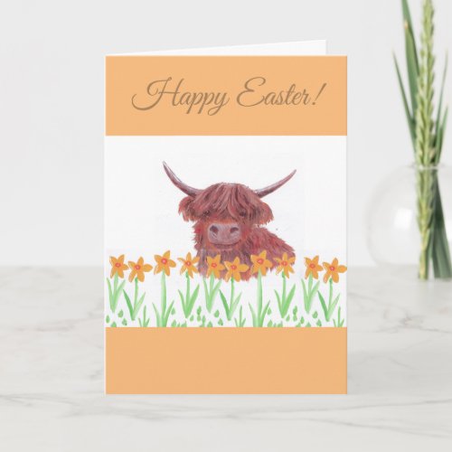 highland cow daffodil spring Easter Greeting Card