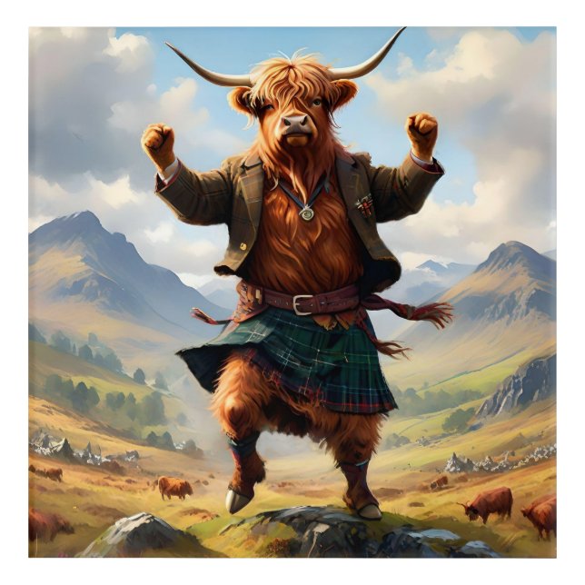 Highland Cow Dancing The Highland Fling, Acrylic Print (Front)