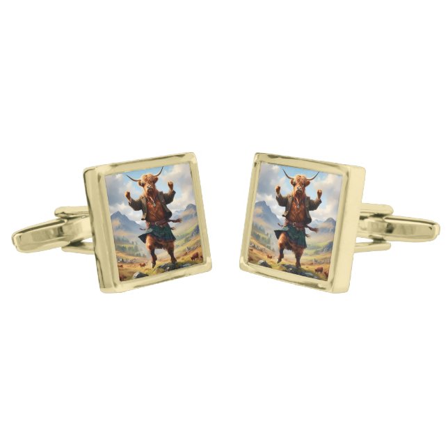 Highland Cow Dancing The Highland Fling, Cufflinks (Angled)