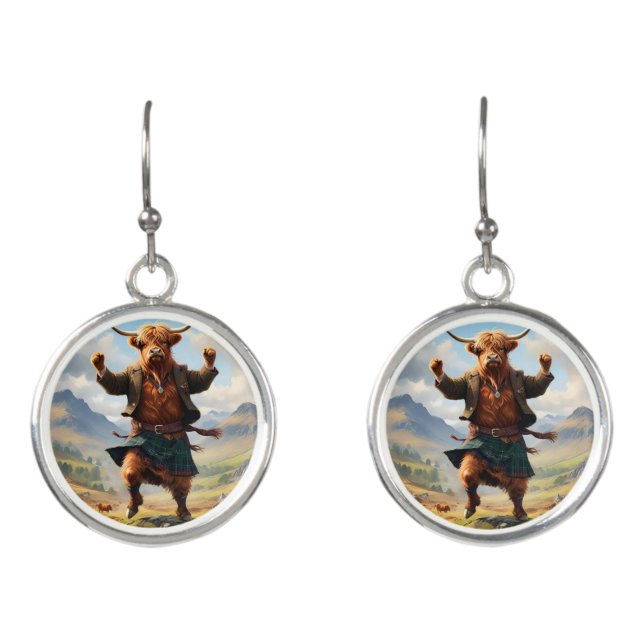Highland Cow Dancing The Highland Fling, Earrings (Front)