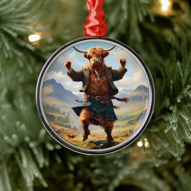 Highland Cow Dancing The Highland Fling, Metal Ornament (Tree)