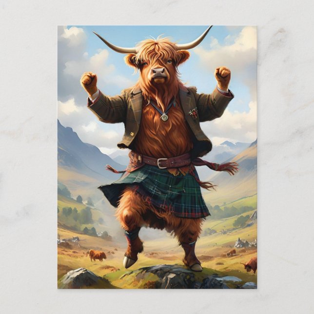 Highland Cow Dancing The Highland Fling, Postcard (Front)