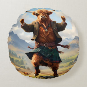 Highland Cow Dancing The Highland Fling, Round Pillow