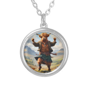 Highland Cow Dancing The Highland Fling, Silver Plated Necklace