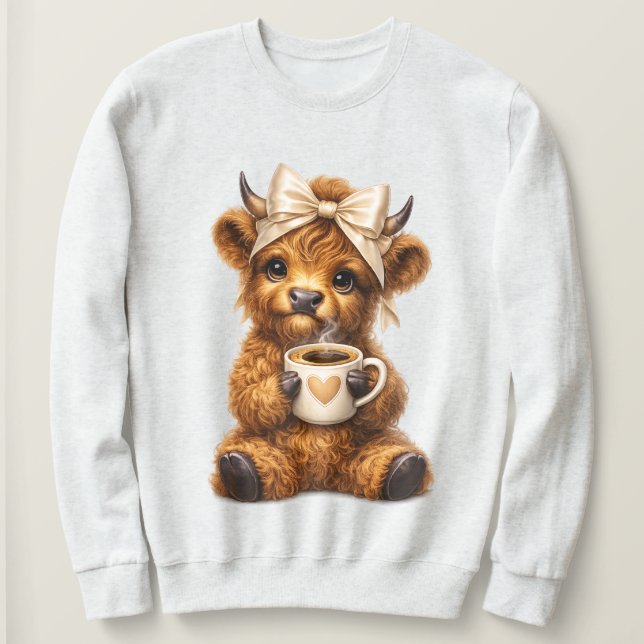 Highland Cow Drink Coffee Wear Cute Leopard Bow —  Sweatshirt (Design Front)