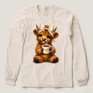 Highland Cow Drink Coffee Wear Cute Leopard Bow — Tri-Blend Shirt
