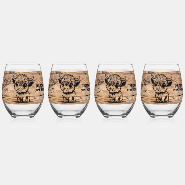 Highland Cow - Drink till the Cows come Home Stemless Wine Glass (Front)