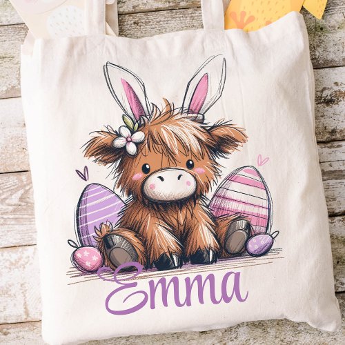 Highland Cow Easter Bunny Kids Name Girls Purple  Tote Bag