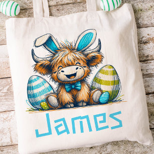 Highland Cow Easter Kids Name Boys Bunny Tote Bag