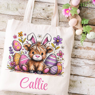 Highland Cow Easter Kids Name Girls Bunny  Tote Bag