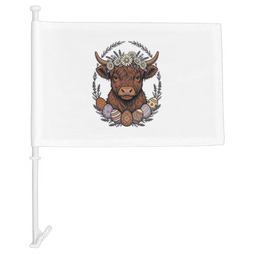 Highland Cow Easter Vintage Floral Egg Art Car Flag