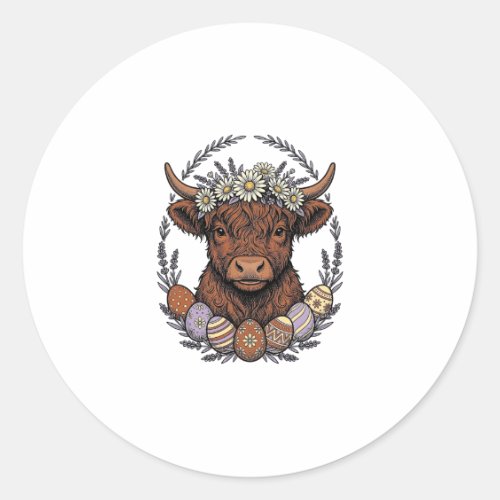 Highland Cow Easter Vintage Floral Egg Art Classic Round Sticker