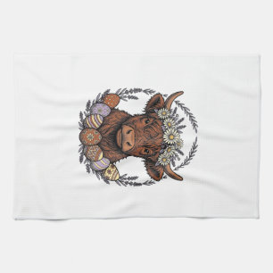 Highland Cow Easter Vintage Floral Egg Art Kitchen Towel