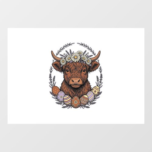 Highland Cow Easter Vintage Floral Egg Art Window Cling