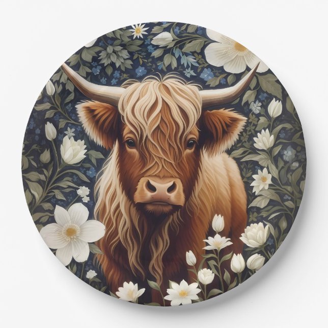 Highland Cow Elegant White Floral Paper Plates (Front)