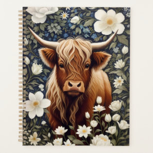 Highland Cow Elegant White Floral Planner
