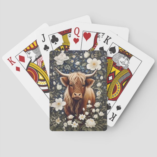 Highland Cow Elegant White Floral Poker Cards (Back)