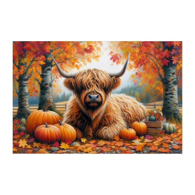 Highland Cow Fall Pumpkins Watercolor Acrylic Print (Front)