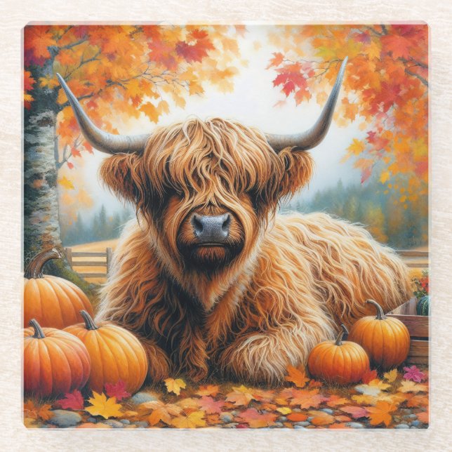 Highland Cow Fall Pumpkins Watercolor Glass Coaster (Front)