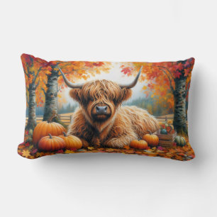 Highland Cow Fall Pumpkins Watercolor Lumbar Pillow
