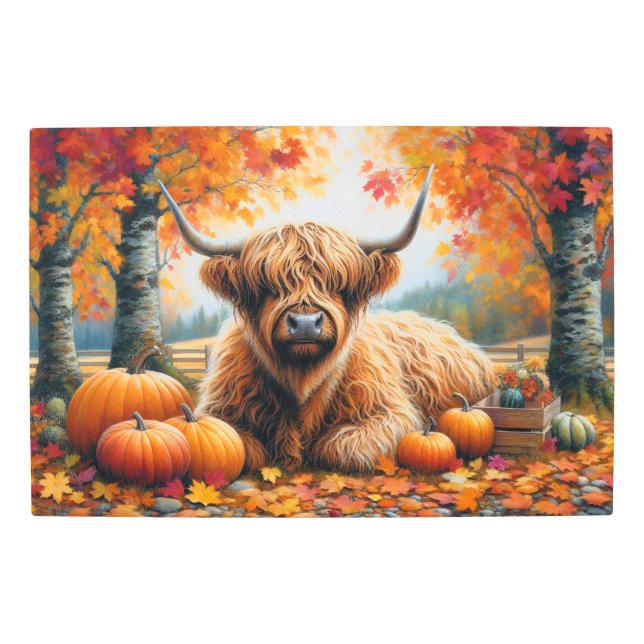 Highland Cow Fall Pumpkins Watercolor Metal Print (Front)