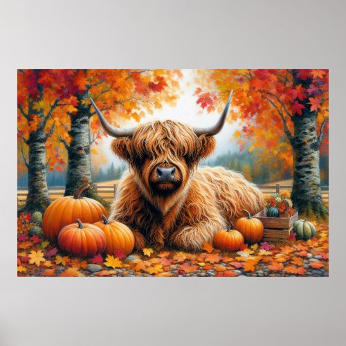 Highland Cow Fall Pumpkins Watercolor Poster