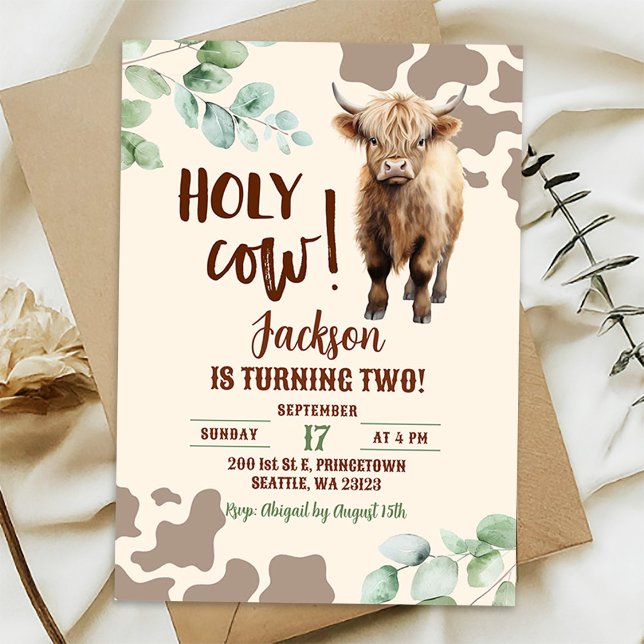 Highland Cow Farm Greenery Boy Birthday Invitation (Creator Uploaded)